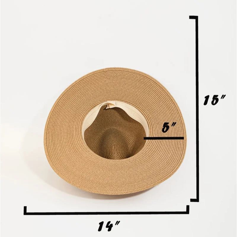 Wide-brimmed Floppy Fedora Straw Sun Hat with measurements for optimal fit