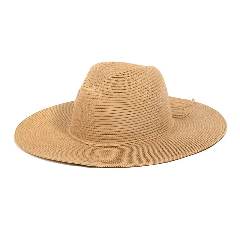 Beige Floppy Fedora Straw Sun Hat with wide brim for stylish sun protection