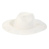 White floppy fedora straw sun hat with a wide brim made of woven material