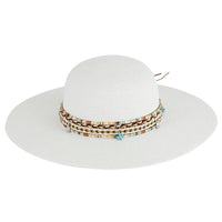 White floppy straw hat with boho sea life band for stylish sun protection