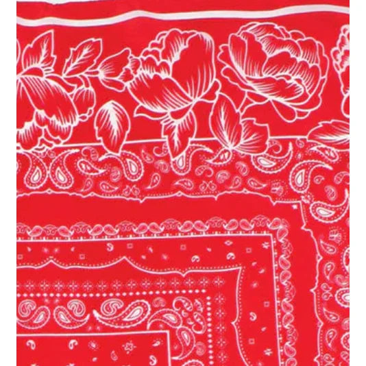 Red bandana satin scarf wrap featuring white floral and paisley print design