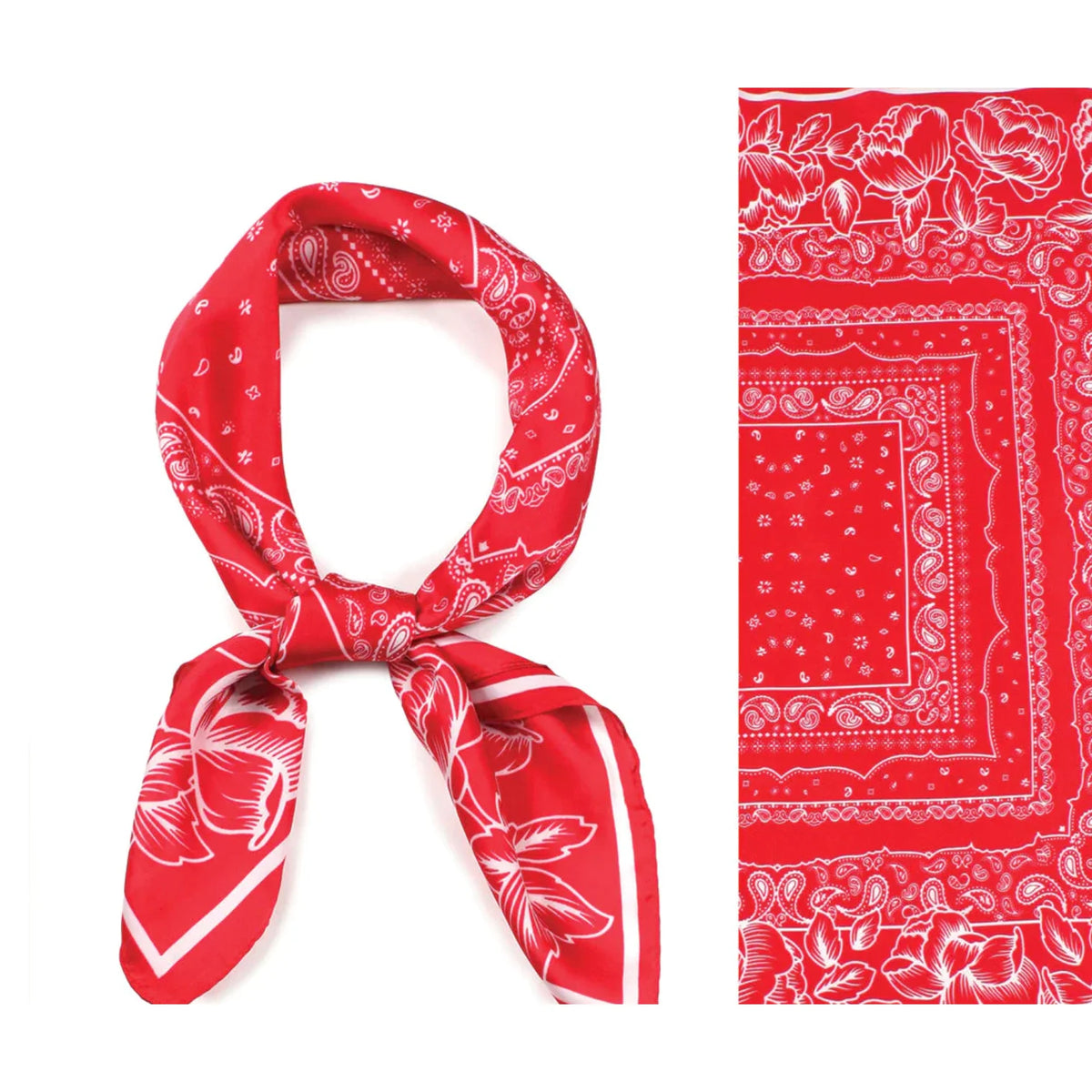 Red bandana with white floral paisley pattern on Floral Bandana Satin Scarf Wrap