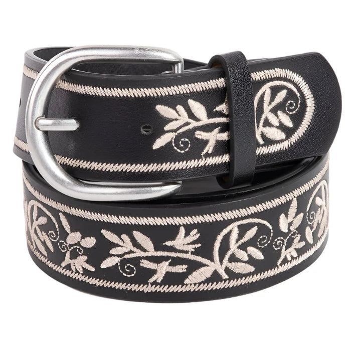 Floral Embroidered Pattern Faux Leather Belt - Black