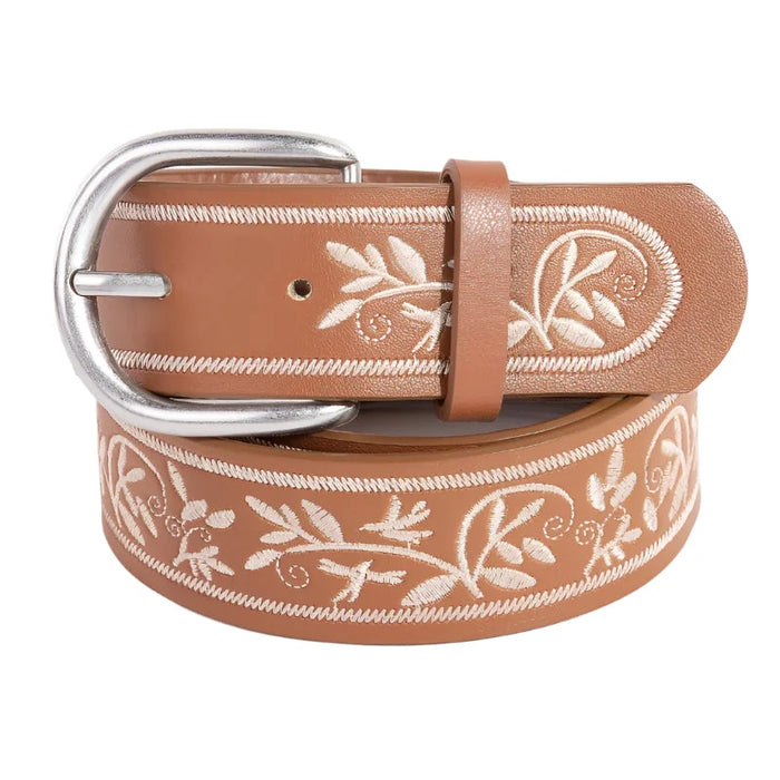 Brown faux leather belt with floral embroidered design and silver buckle