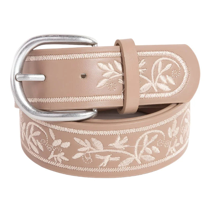 Tan faux leather belt with white floral embroidered design and silver buckle