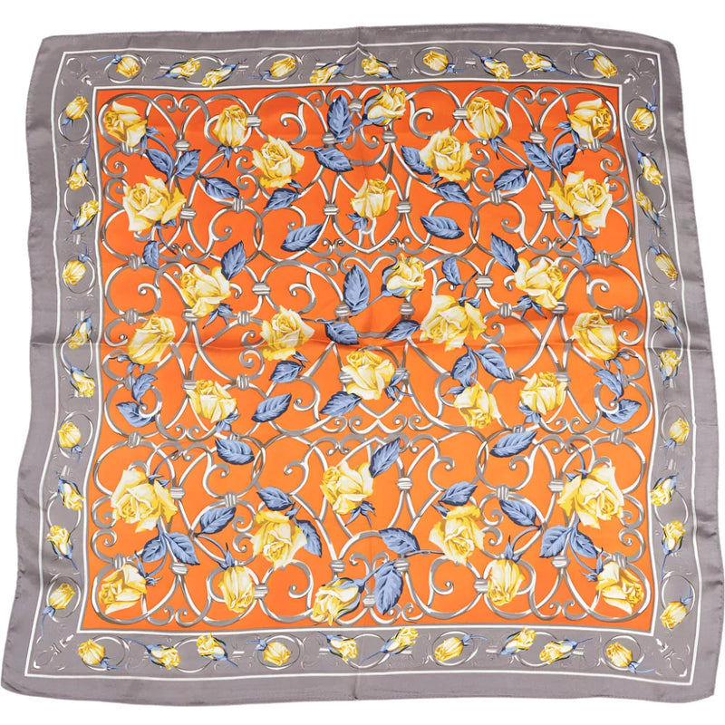 Square Floral Pattern Silk Scarf in orange with gray trim for a stylish accessory