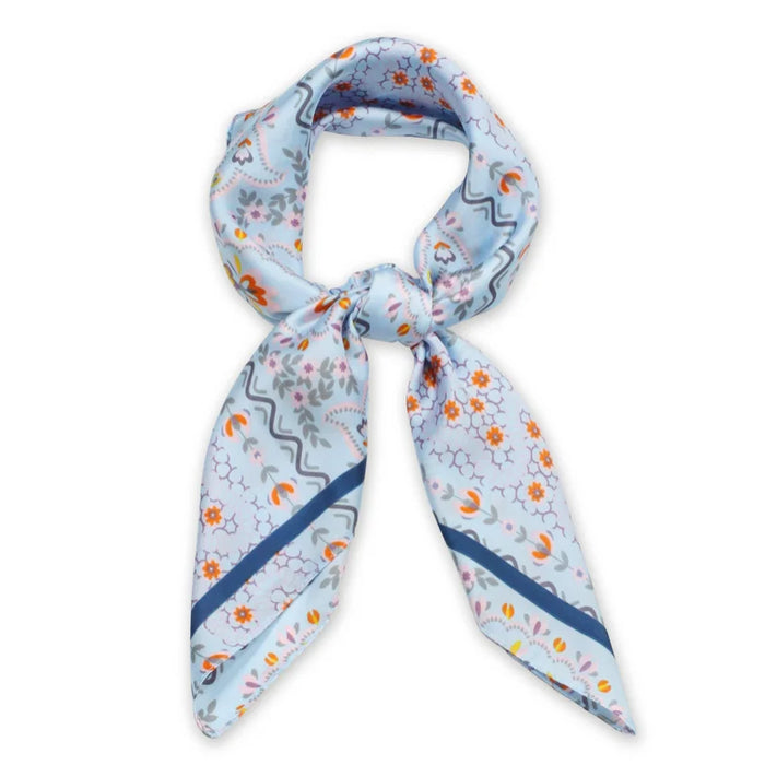 Light blue floral print satin scarf with orange and navy accents for stylish ensembles