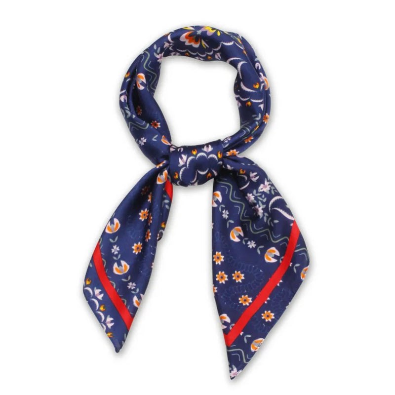 Navy blue floral print satin scarf with red, white, and orange geometric designs