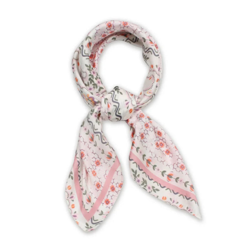 Floral print satin scarf in pink, gray, and white floral pattern design