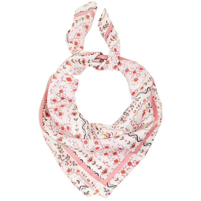 Floral print satin scarf featuring a triangular design with pink and red accents