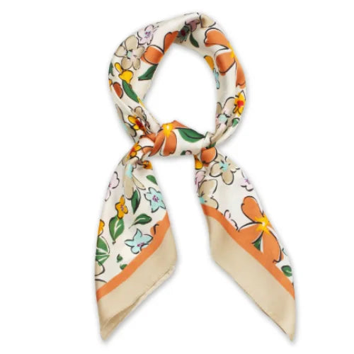 Floral print silk scarf in orange, green, and beige floral patterns