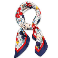 Colorful floral print silk scarf with navy blue border for stylish accessory