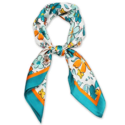 Colorful floral print silk scarf elegantly tied in a loop for stylish fashion accents