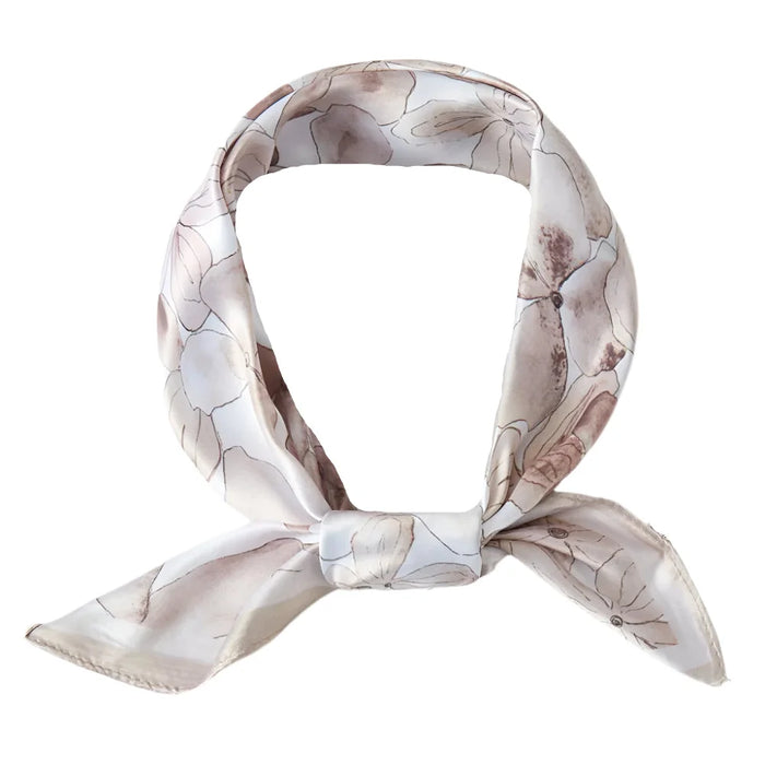 Floral Print Silky Bandana Neck Scarf with delicate gray and pink floral design