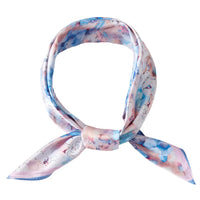 Silk scarf with pink and blue watercolor floral print silky pattern knotted for style