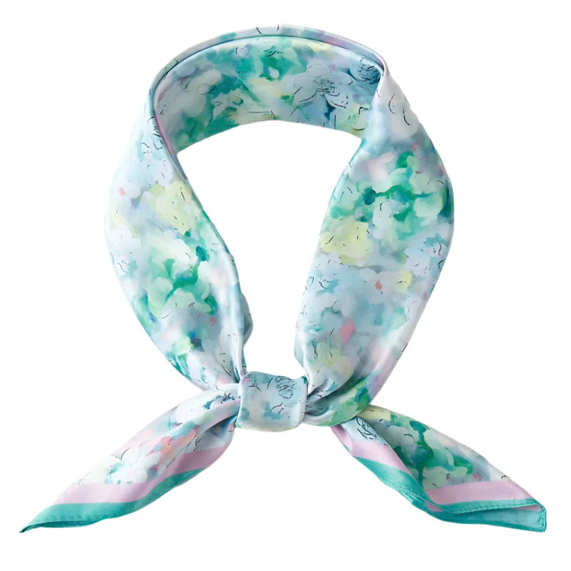 Floral Print Silky Bandana Neck Scarf in mint green with watercolor floral design