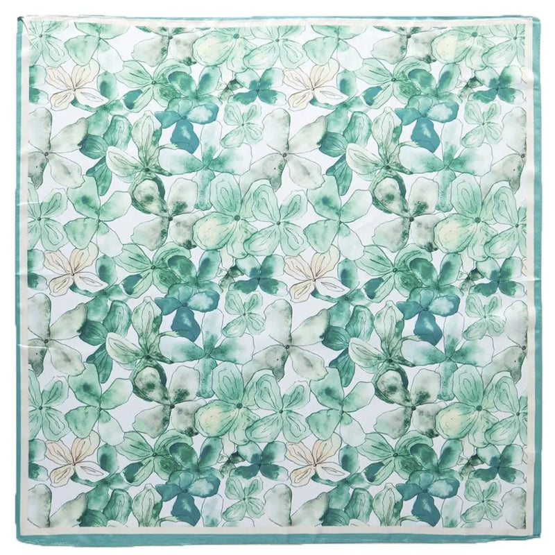 Floral print silky bandana neck scarf in mint green and white floral pattern