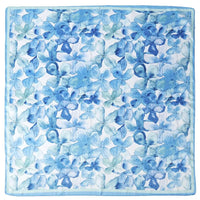 Square floral print silky bandana neck scarf featuring a repeating blue floral pattern