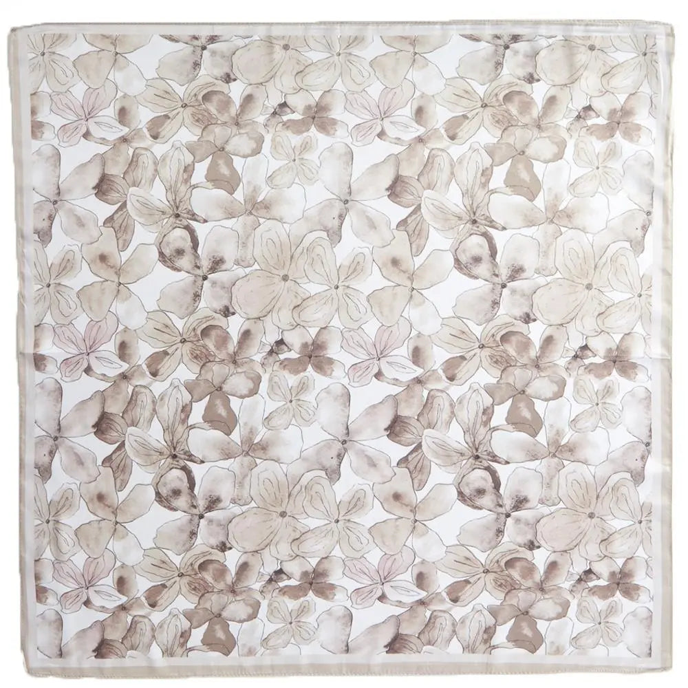 Square Floral Print Silky Bandana Neck Scarf in soft beige and white tones