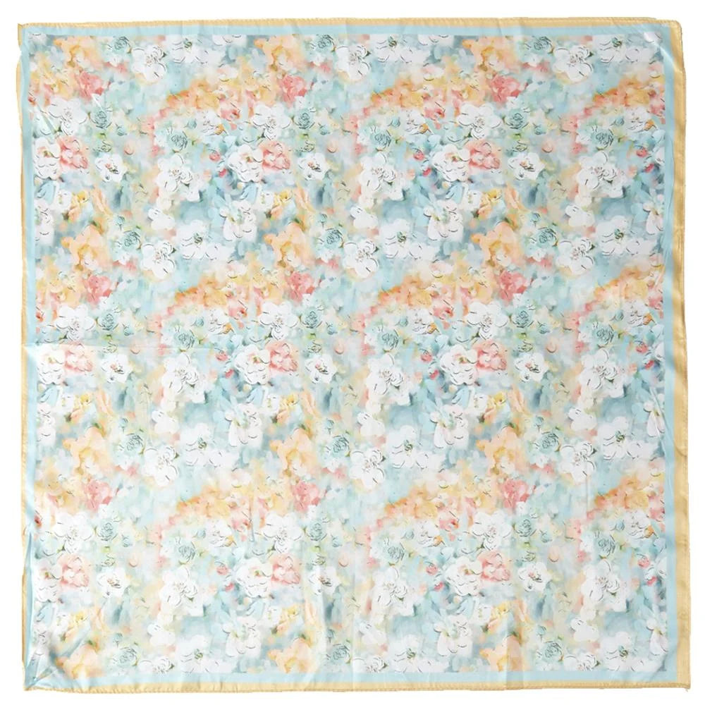 Floral Print Silky Bandana Neck Scarf with pastel watercolor flowers and yellow border