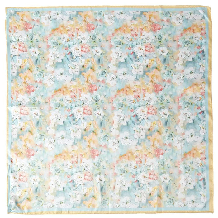 Floral Print Silky Bandana Neck Scarf with pastel watercolor flowers and yellow border