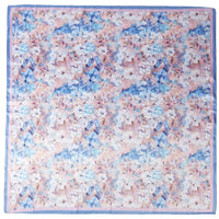 Square silk scarf featuring a pink and blue floral print silky design for stylish looks