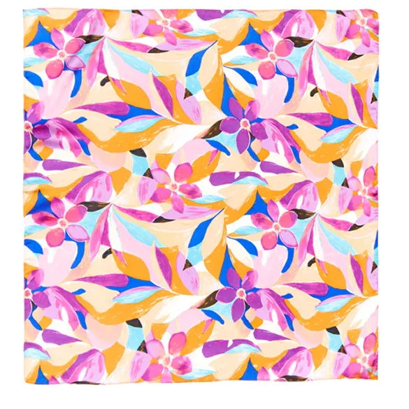 Colorful floral print silky bandana featuring abstract shapes in vibrant tones