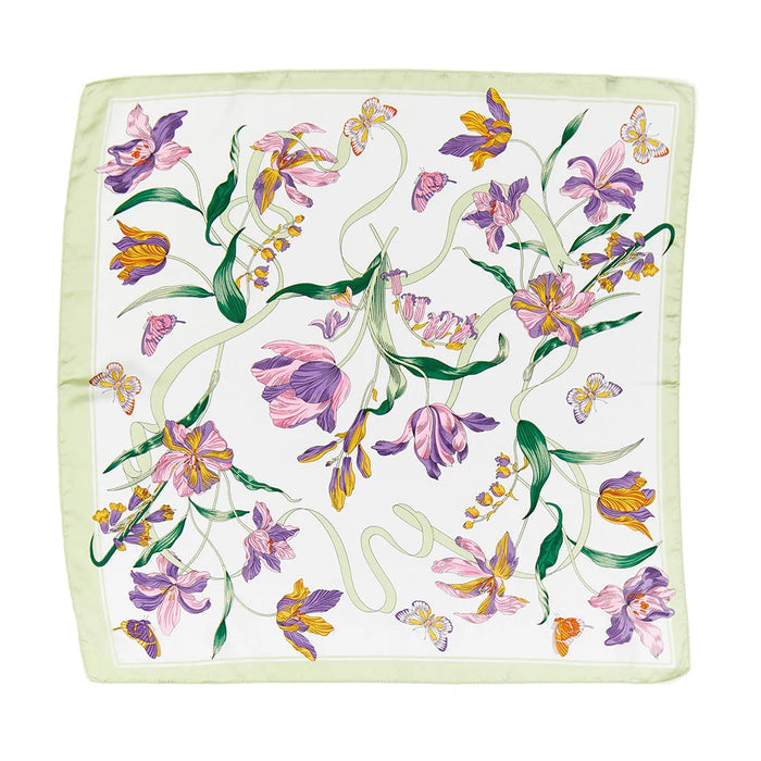 Floral Printed Silky Border Scarf Wrap in purple, orange, and green motifs on light background