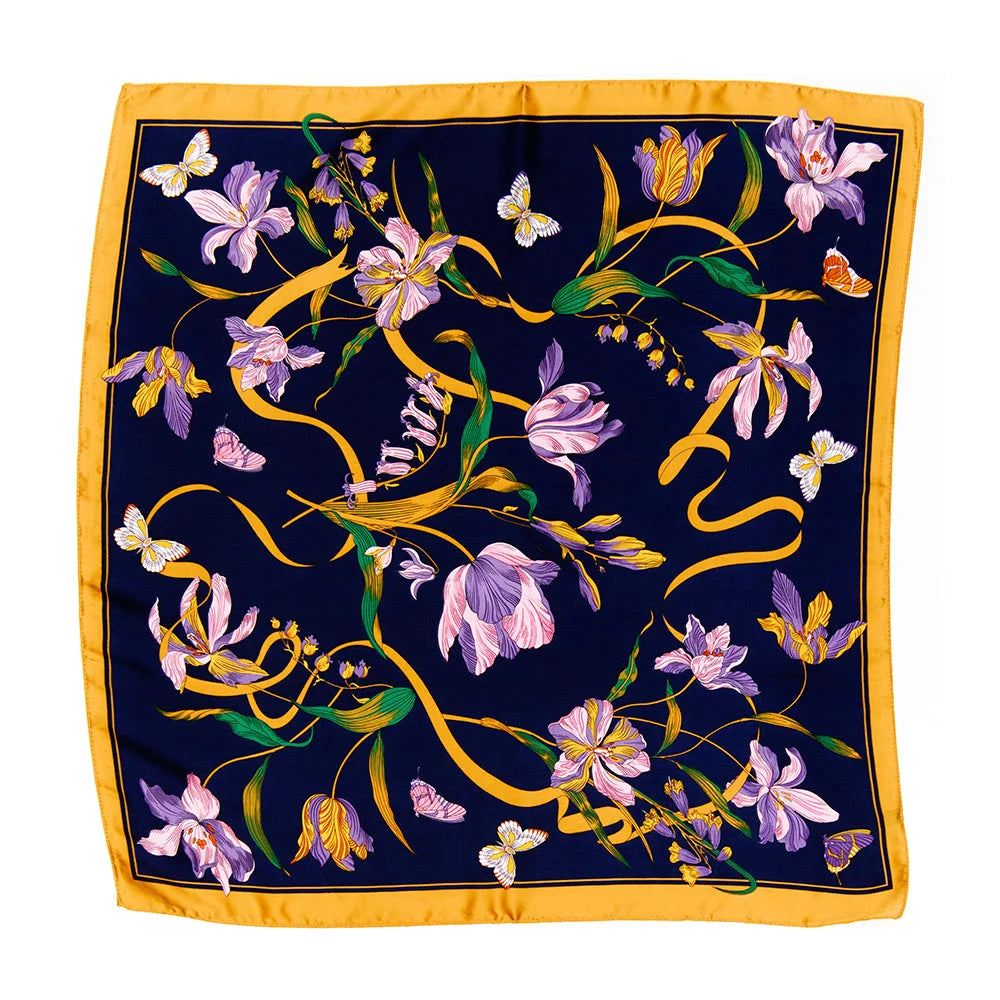 Floral Printed Silky Border Scarf Wrap featuring floral patterns on navy silk