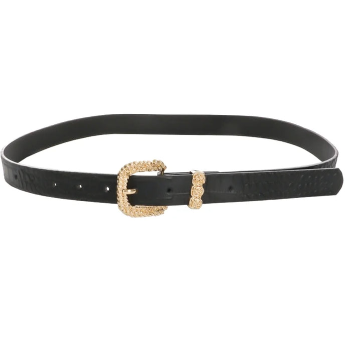 Black leather belt featuring a floral rose buckle with an ornate gold-colored design