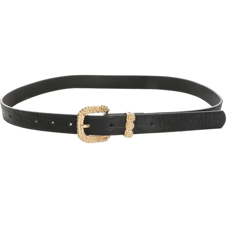 Black leather belt featuring a floral rose buckle with an ornate gold-colored design