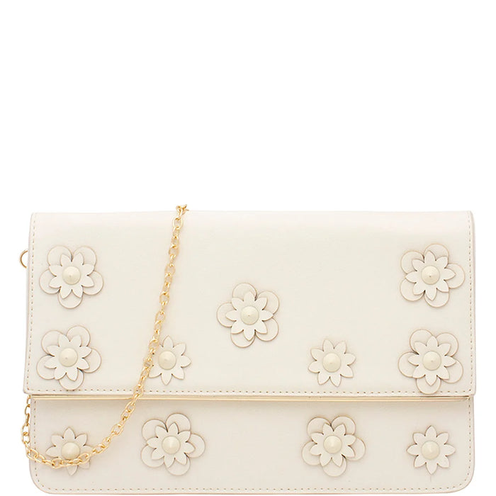 White floral studded plain crossbody clutch bag with gold chain strap and appliqués