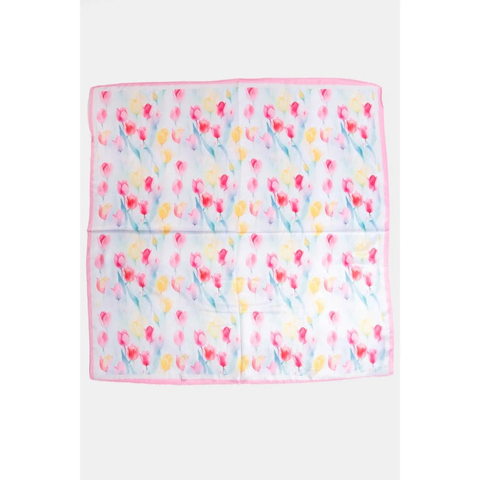 Floral Tulip Pattern Square Bandana Scarf - Pink
