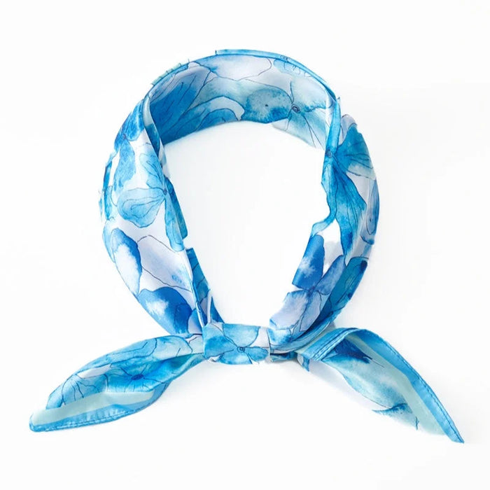 Floral Water Color Print Square Bandana Scarf - Blue