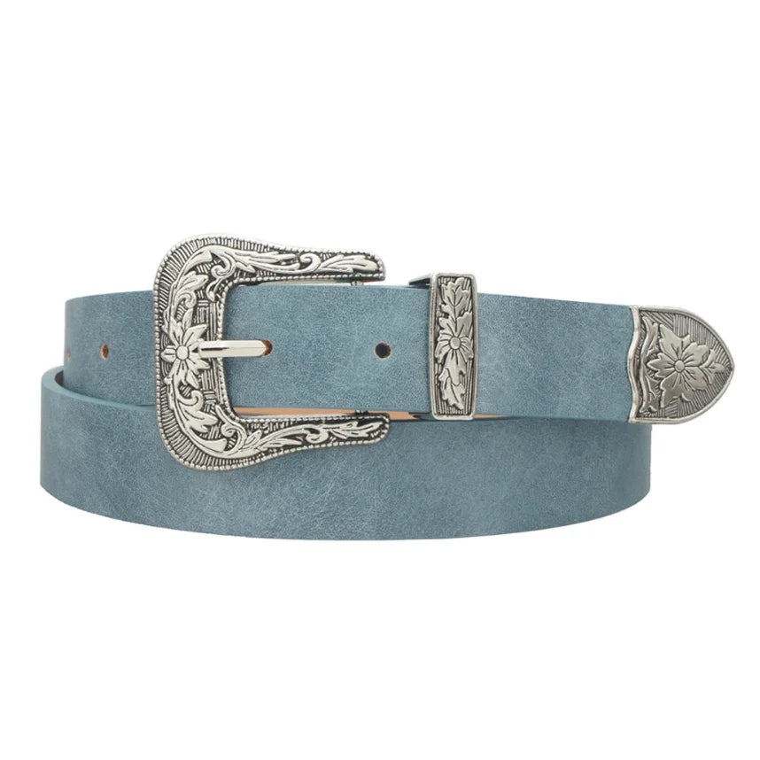 Blue leather Floral Western Belt featuring an ornate silver buckle and tip