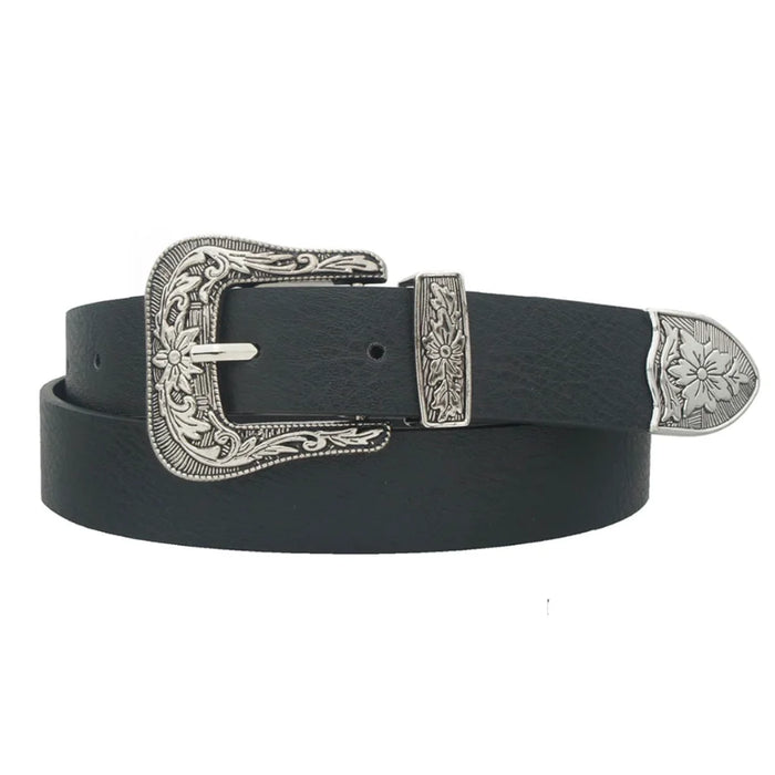 Black leather Floral Western Belt featuring an ornate silver buckle and tip