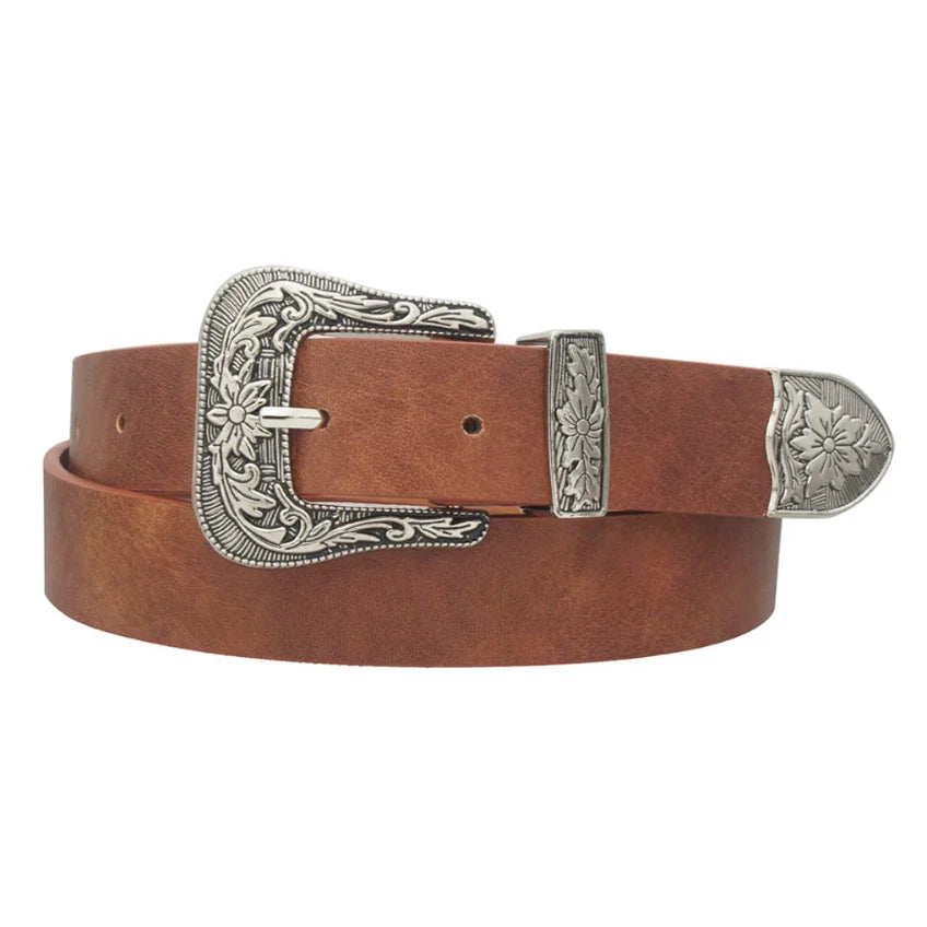 Brown leather floral western belt featuring ornate silver-toned buckle and tip