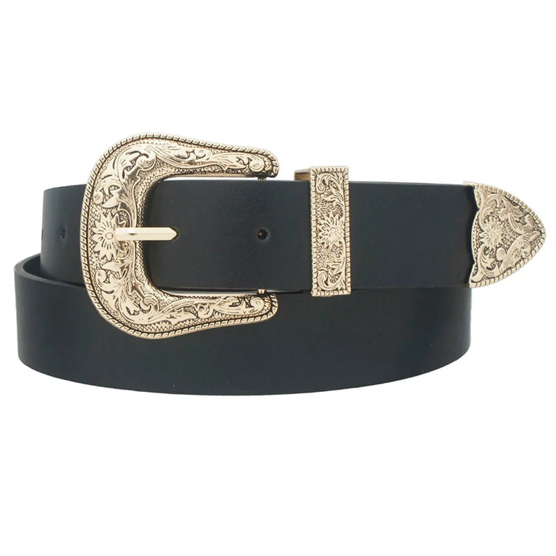 Black leather Floral Western Belt with ornate silver-toned buckle and tip