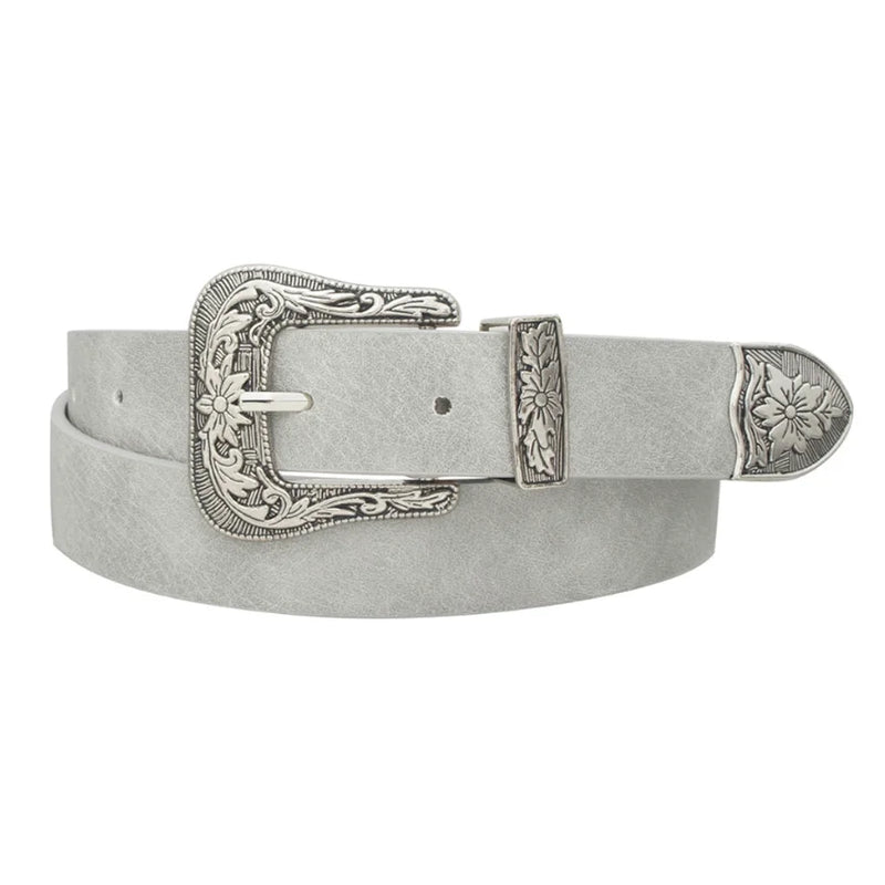 Gray leather Floral Western Belt featuring an ornate silver buckle and tip