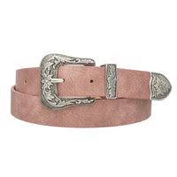 Pink leather Floral Western Belt featuring an ornate silver buckle and tip