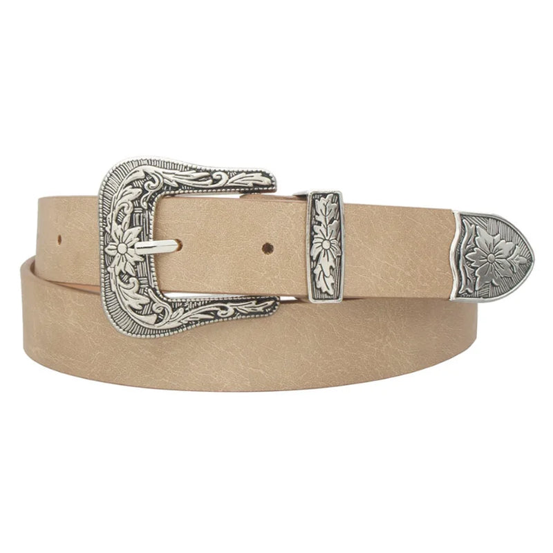 Tan leather Floral Western Belt with ornate silver floral designs on buckle and tip