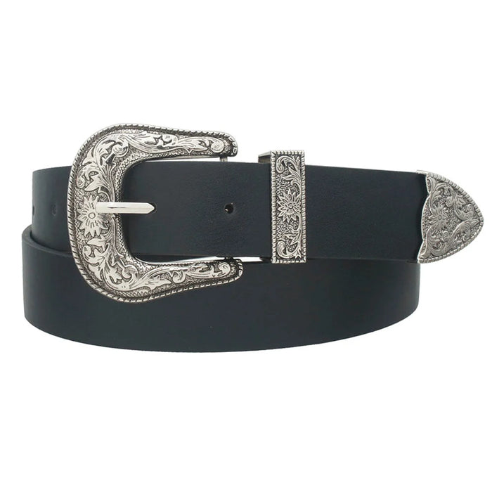 Black leather Floral Western Buckle Belt featuring an ornate silver buckle and tip