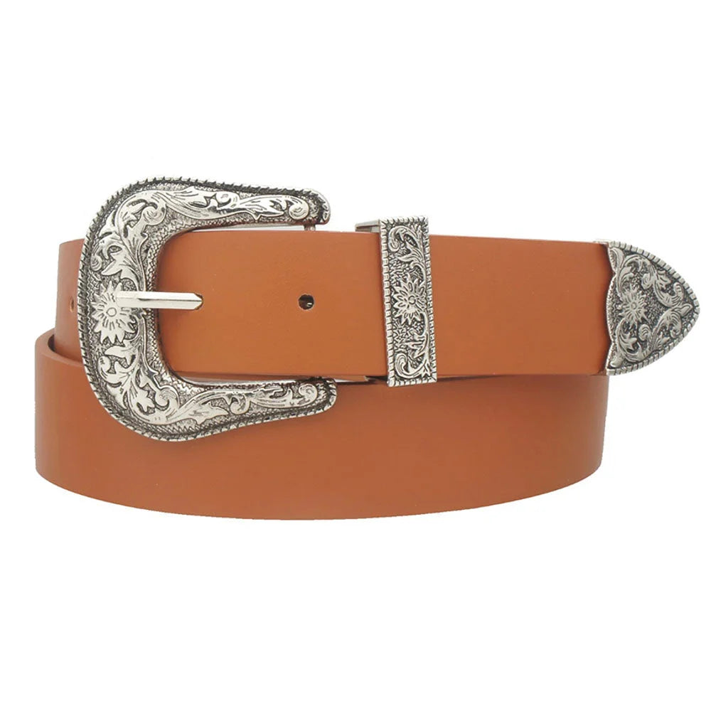 Brown leather Floral Western Buckle Belt with ornate silver buckle and tip