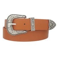 Brown leather Floral Western Buckle Belt with ornate silver buckle and tip