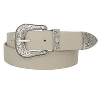 Beige leather Floral Western Buckle Belt with ornate silver-toned buckle and tip