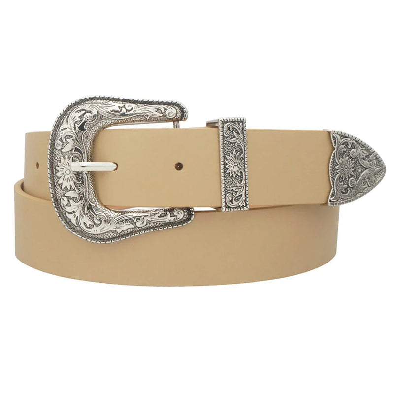 Tan leather Floral Western Buckle Belt featuring ornate silver buckle and tip