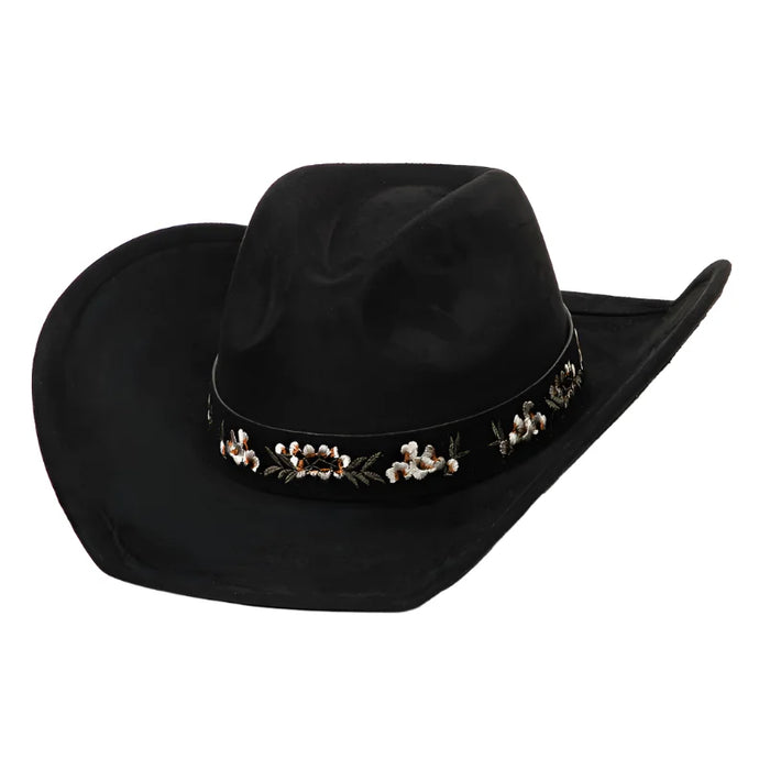 Black cowboy hat with floral band perfect for a stylish flower pattern cowboy look