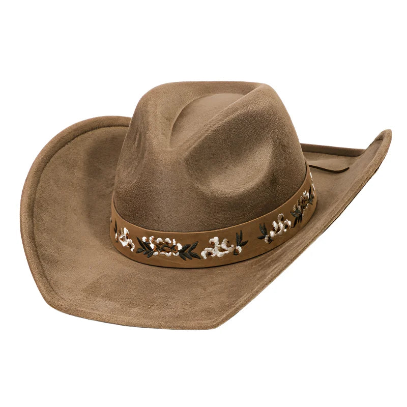 Tan flower pattern cowboy hat with decorative floral band for stylish western flair