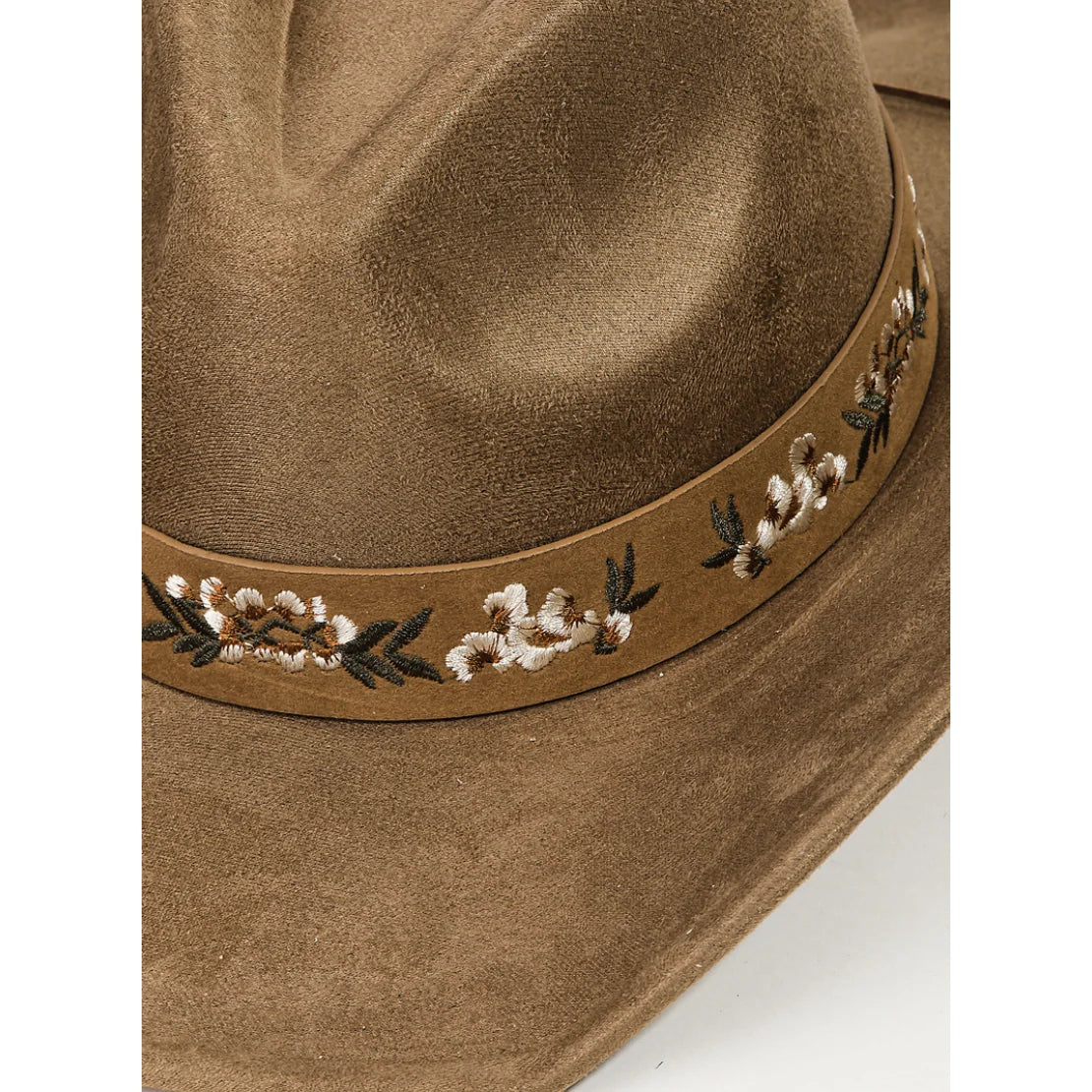 Tan suede flower pattern cowboy hat featuring an embroidered floral band