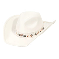 White cowboy hat featuring a floral embroidered band in a flower pattern cowboy design